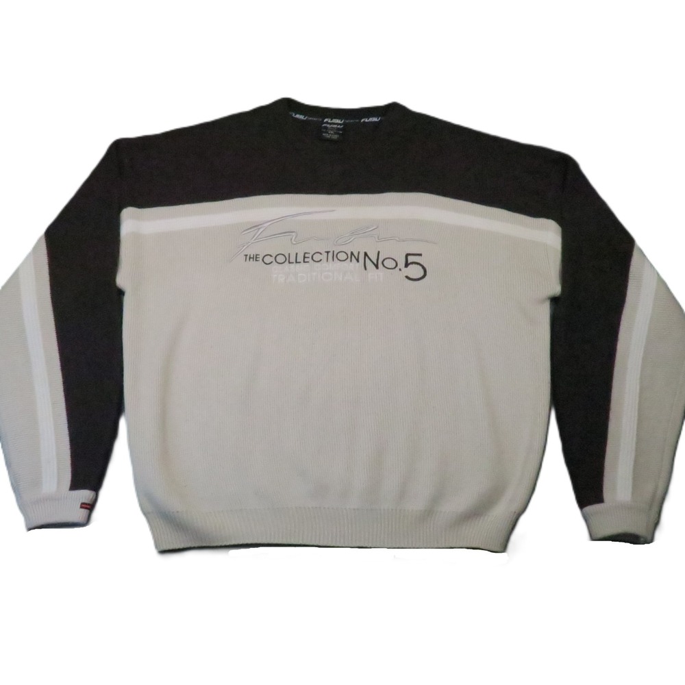 Fubu Sweater Mens 2XL Beige Brown Colorblock‎ Wool Blend V-neck Hip Hop Vtg Y2k
